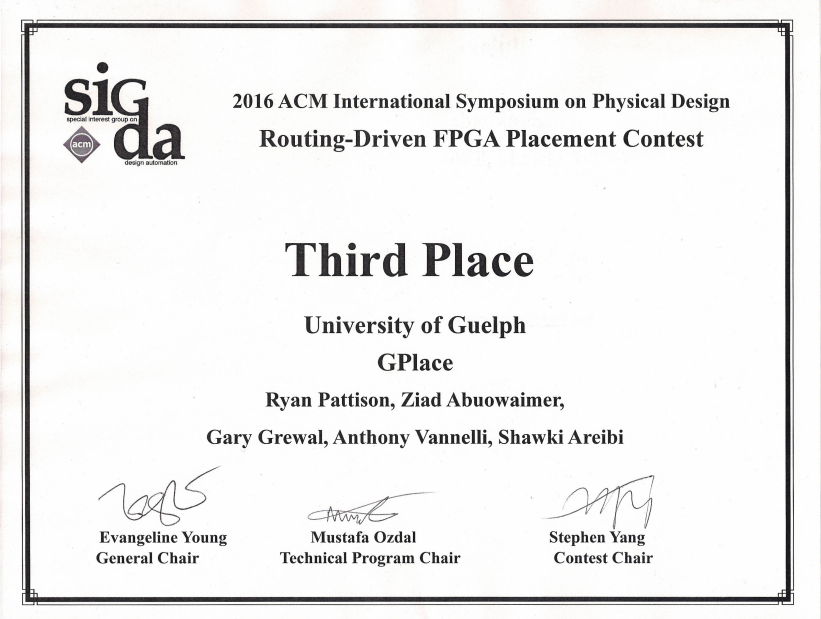 ISPD 2016 3rd Place Certificate